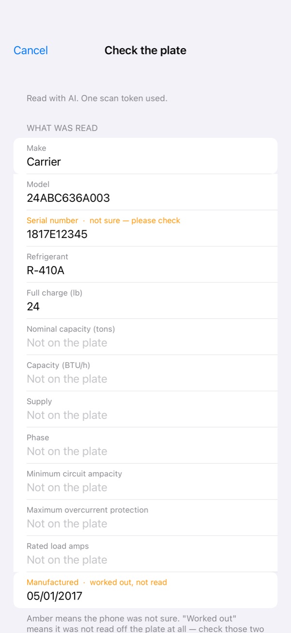 AirCert data plate scan on iPhone: a Carrier nameplate read with model, serial number, R-410A refrigerant and a 24 lb charge
