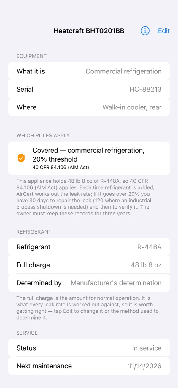 AirCert unit screen on iPhone: a Heatcraft walk-in cooler holding R-448A, covered by 40 CFR 84.106 at the 20% commercial refrigeration threshold